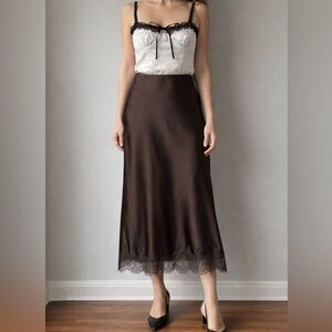 Zara Brown Satin Lace Midi Skirt XL Slip Silky Minimalist Chic